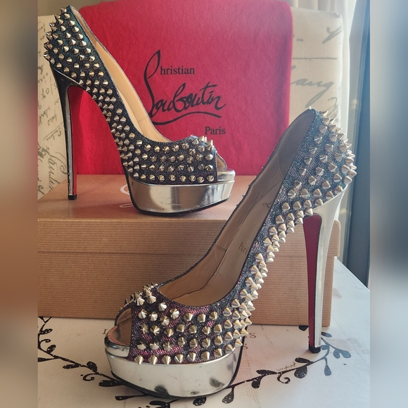 CHRISTIAN LOUBOUTIN Metallic Lame Lady Peep Spike Platform Pumps Size 37 - Picture 6 of 16